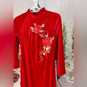 Ao dai nhung velvet theu, Vietnamese traditional long dress set m 2 red 🎁 new